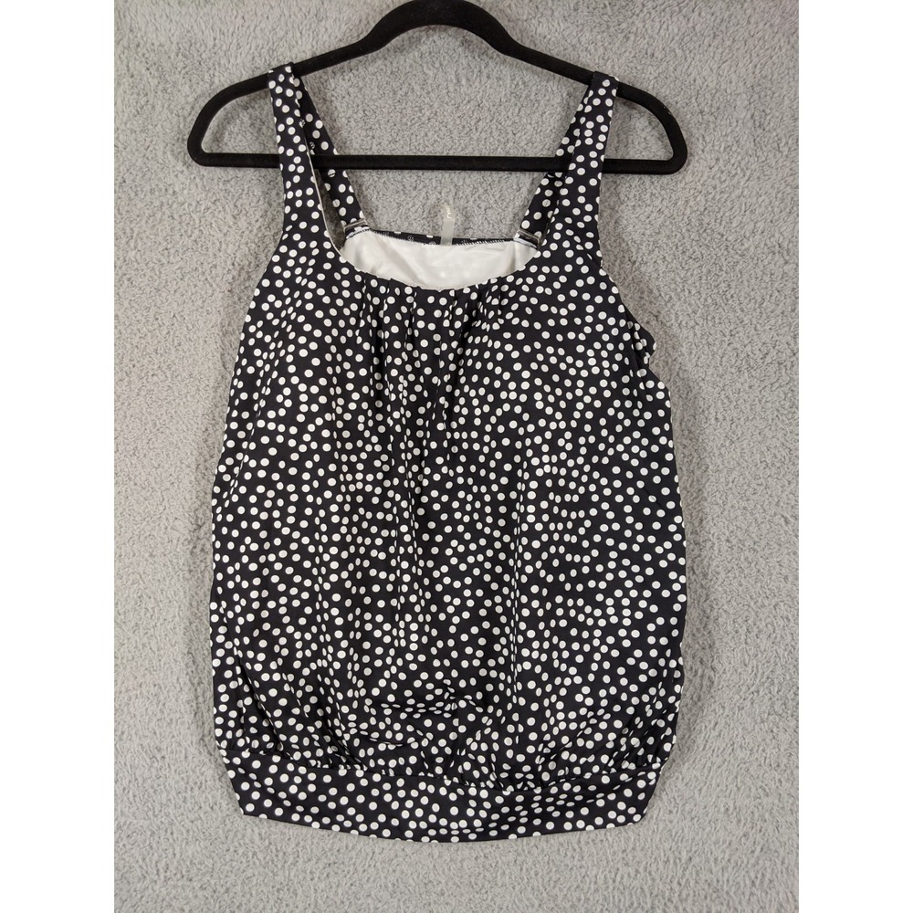 Lands' End Tankini Top Blouson Womens 12 Black White Polka Dot Stretch Beach